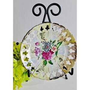 Vintage Floral Porcelain Plate With Cutout Design & Gold Trim 6 Inches Iridescen